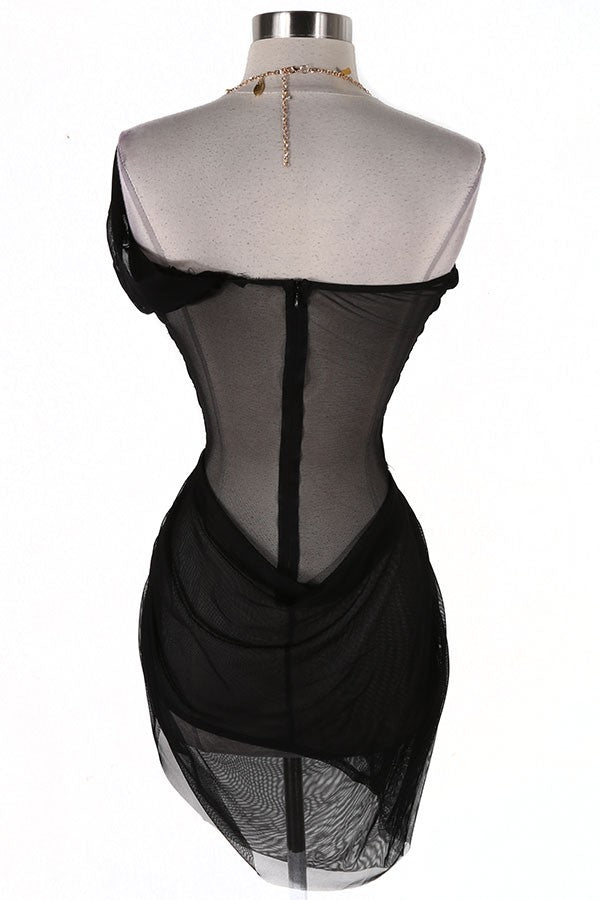 Mesh Halter Mini Chain Jeweled Dress/Lingerie