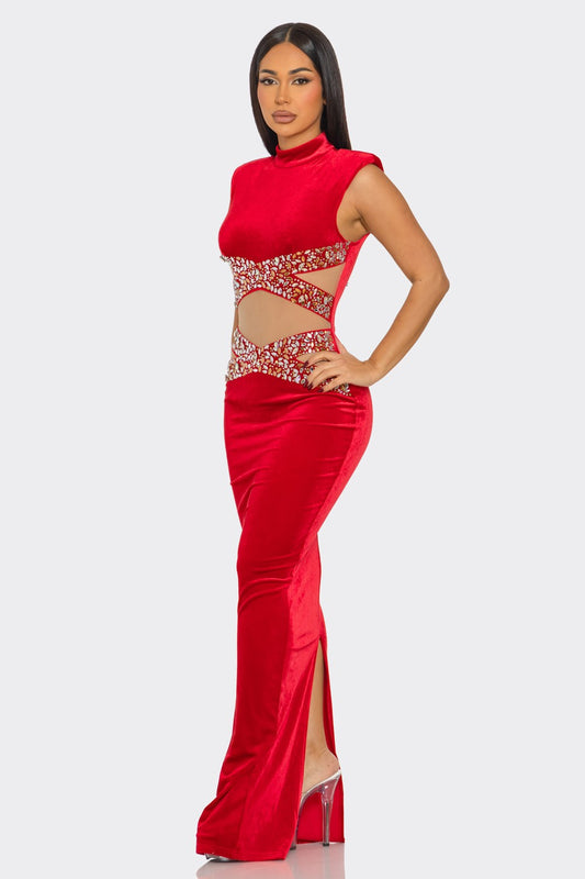 Waist Cross Rhinestone Velvet Maxi Dress
