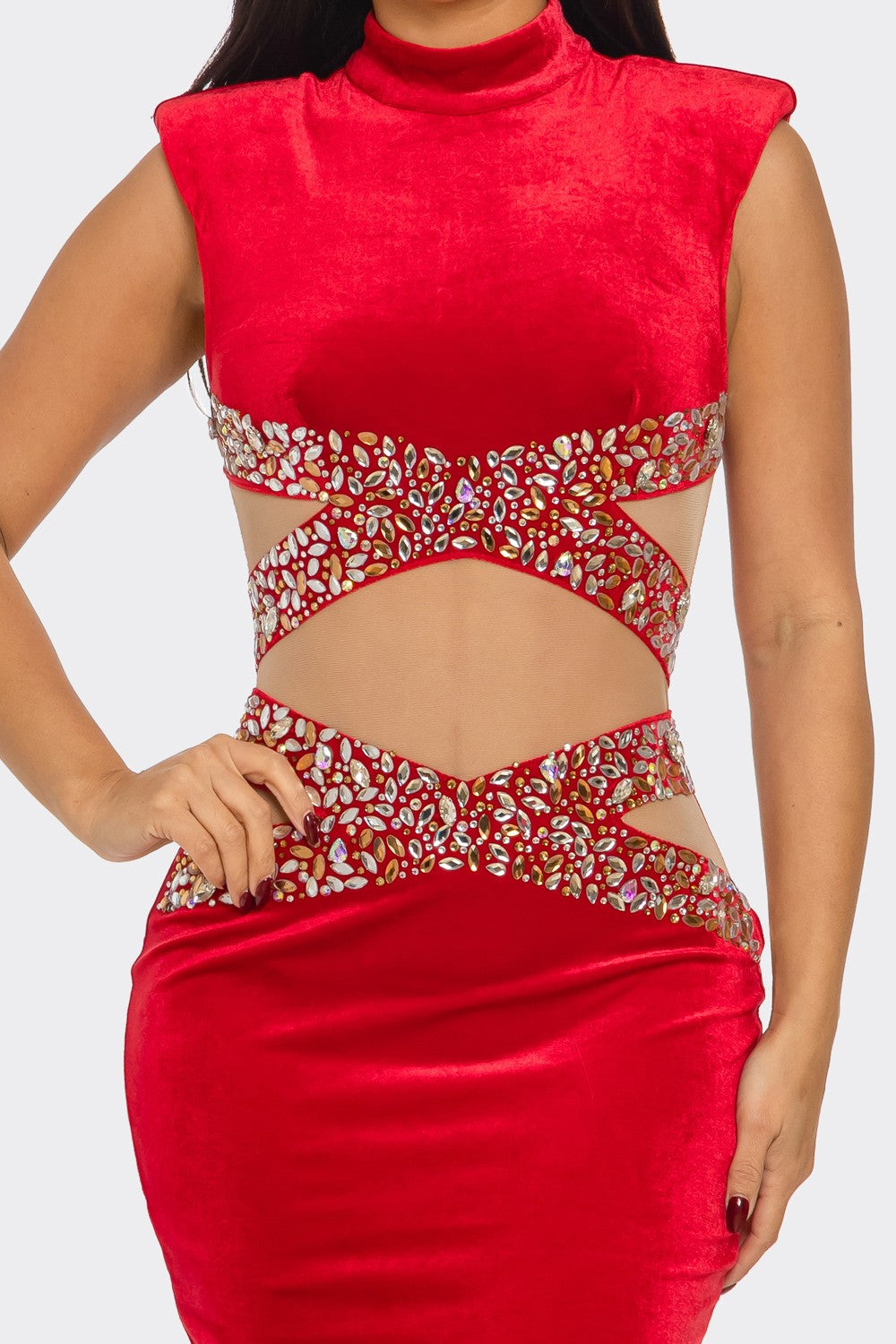 Waist Cross Rhinestone Velvet Maxi Dress