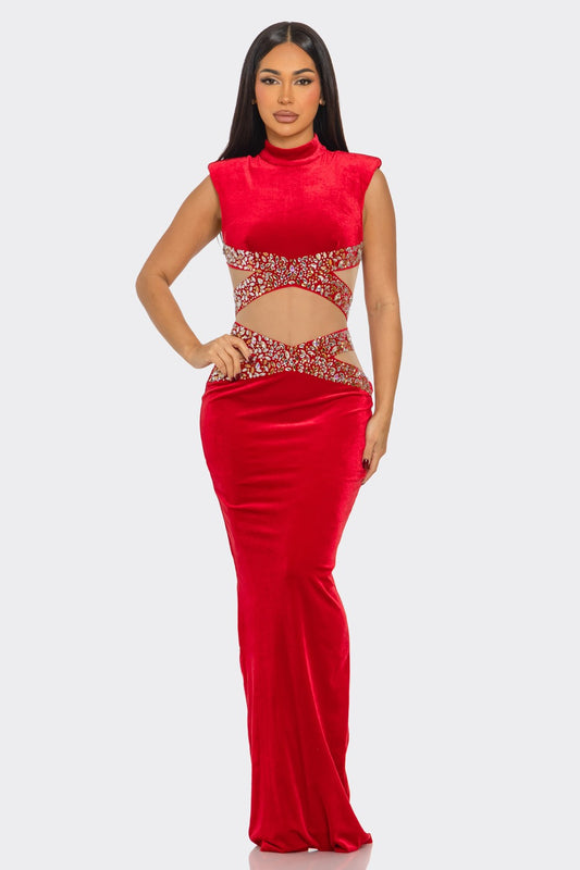 Waist Cross Rhinestone Velvet Maxi Dress