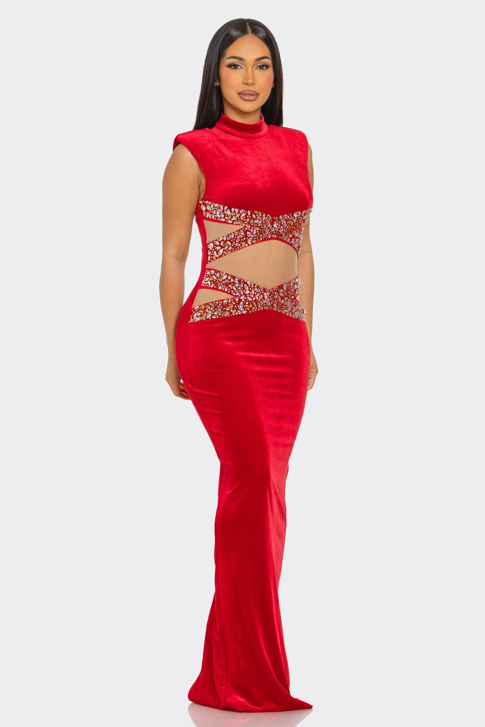 Waist Cross Rhinestone Velvet Maxi Dress