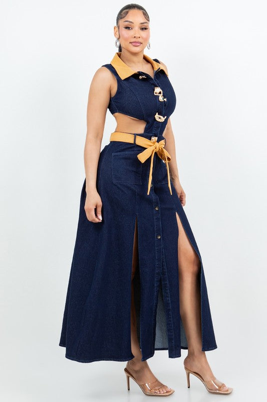 Dark Wash Denim Contrast Double Slit Maxi Dress