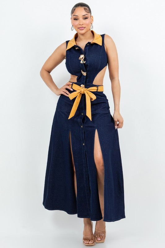 Dark Wash Denim Contrast Double Slit Maxi Dress