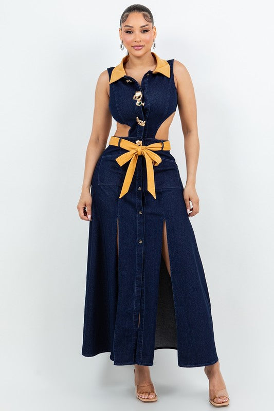 Dark Wash Denim Contrast Double Slit Maxi Dress