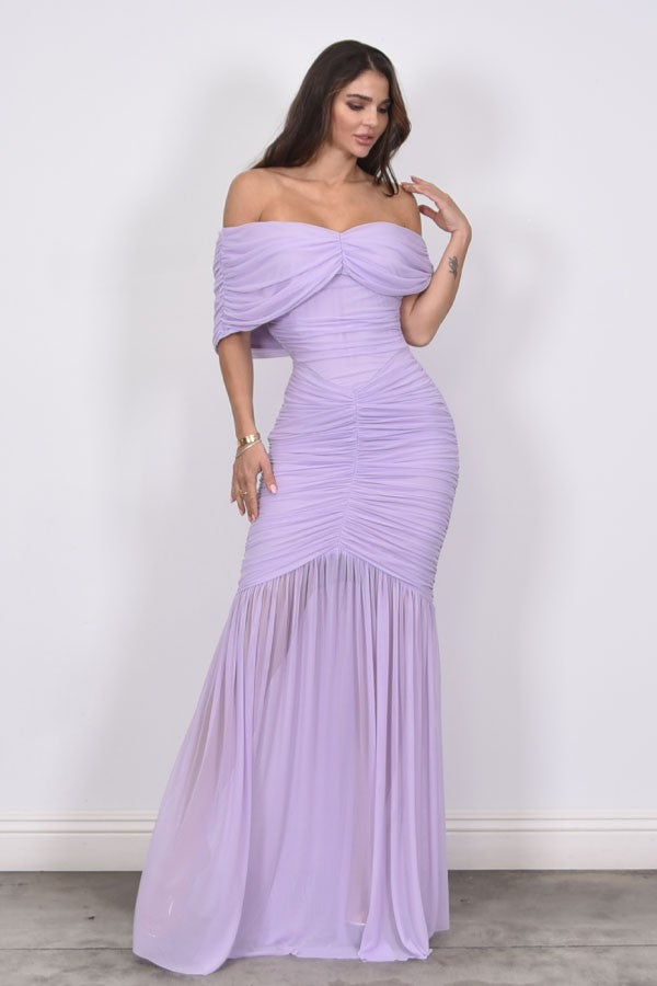 Off Shoulder Ruched Maxi Dress- Lavender (PRE-ORDER)
