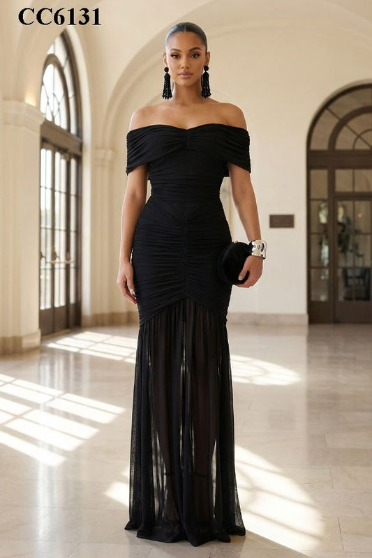 Off Shoulder Ruched Maxi Dress- Black (PRE-ORDER)