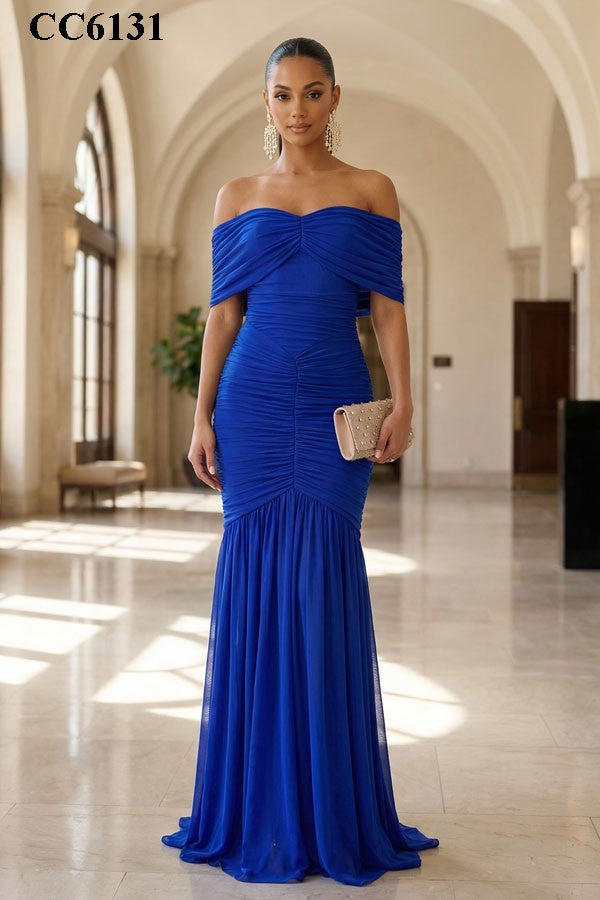 Off Shoulder Ruched Maxi Dress- Royal Blue (PRE-ORDER)