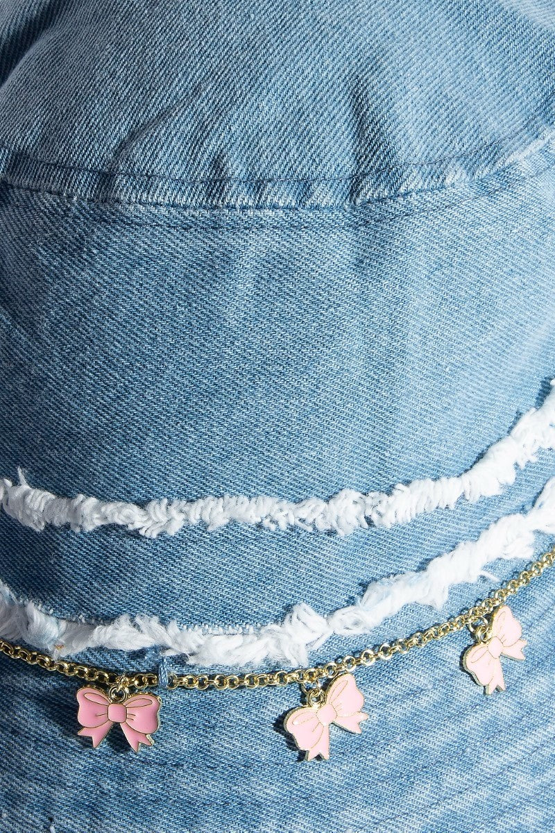 Frayed Denim Trim Ribbon Bow Charms Bucket Hat