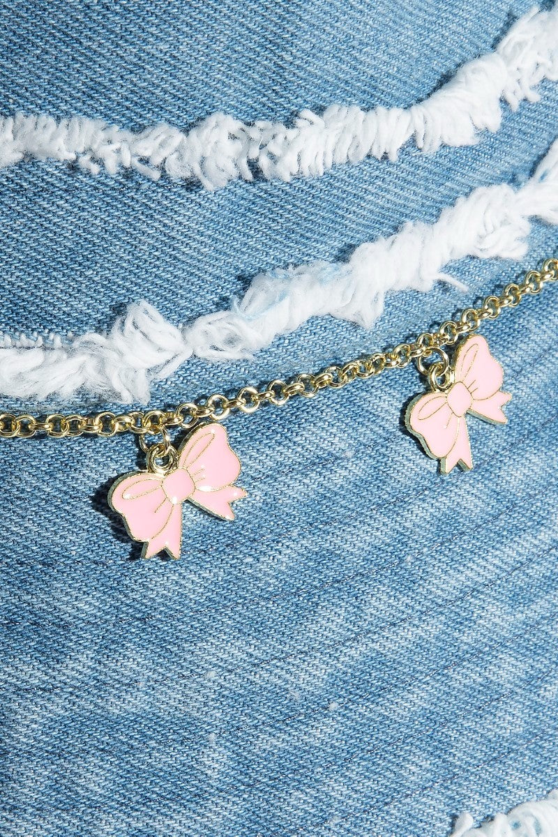 Frayed Denim Trim Ribbon Bow Charms Bucket Hat