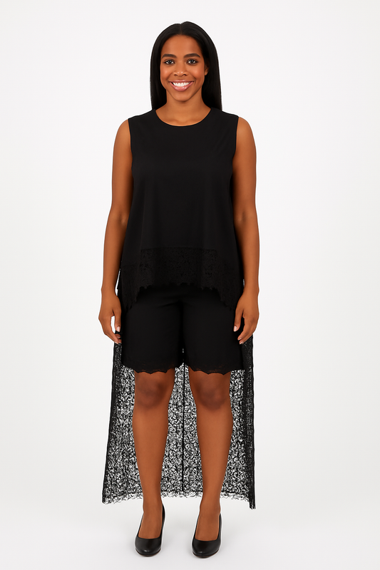 Cotton Sleeveless Hi-Lo Top w/ Lace