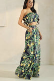 Yellow Blossom on Green Vacation Palazzo Pants & Tube Top Set