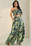 Yellow Blossom on Green Vacation Palazzo Pants & Tube Top Set