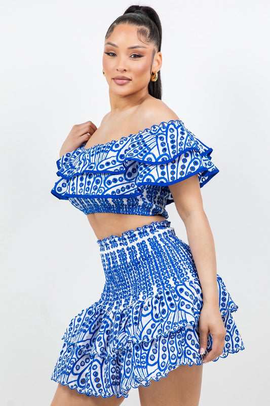 Two-Piece Embroidered Skirt Set- Blue/White