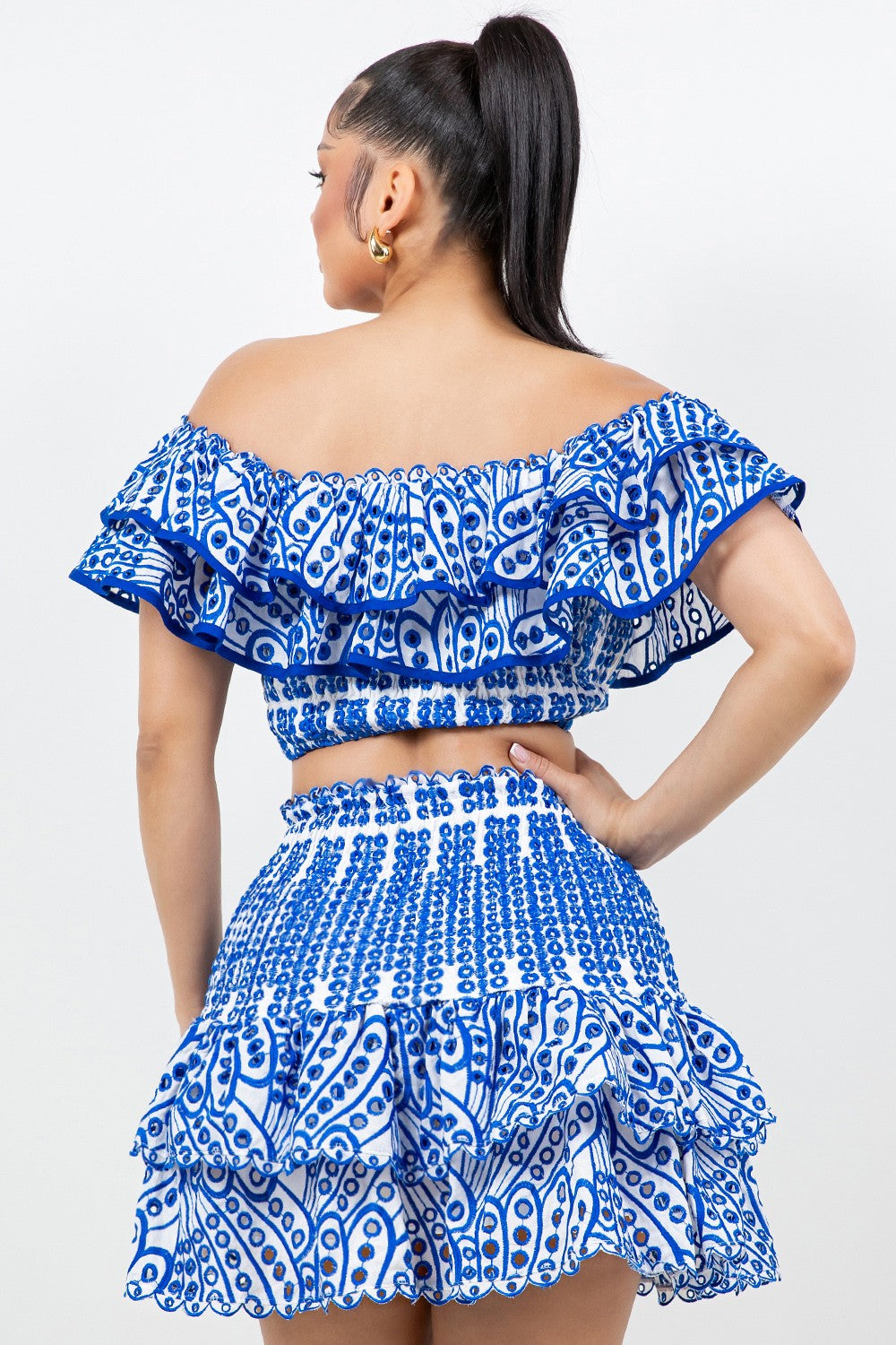 Two-Piece Embroidered Skirt Set- Blue/White