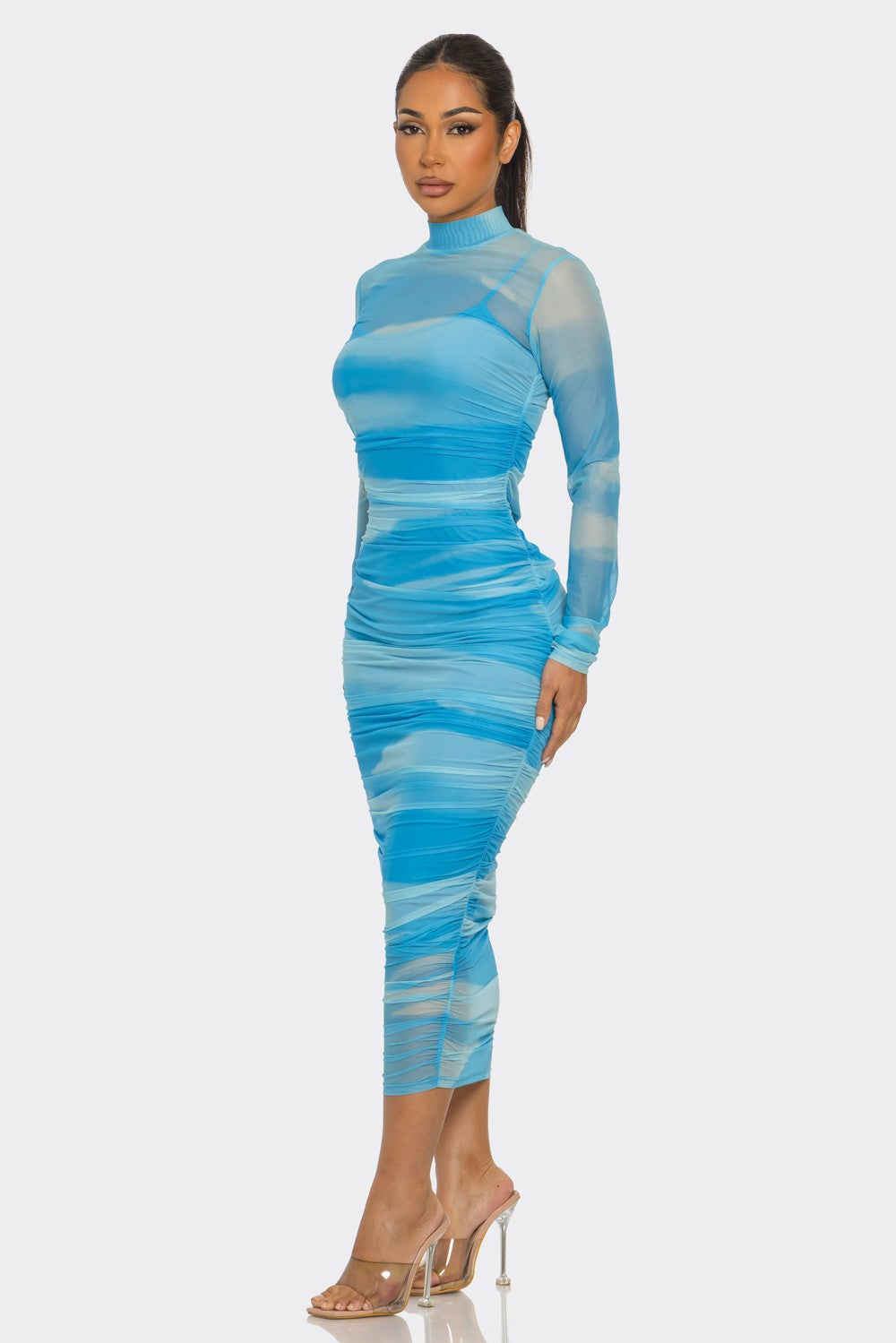 Glitch Print Mesh Ruched Midi Dress- Blue