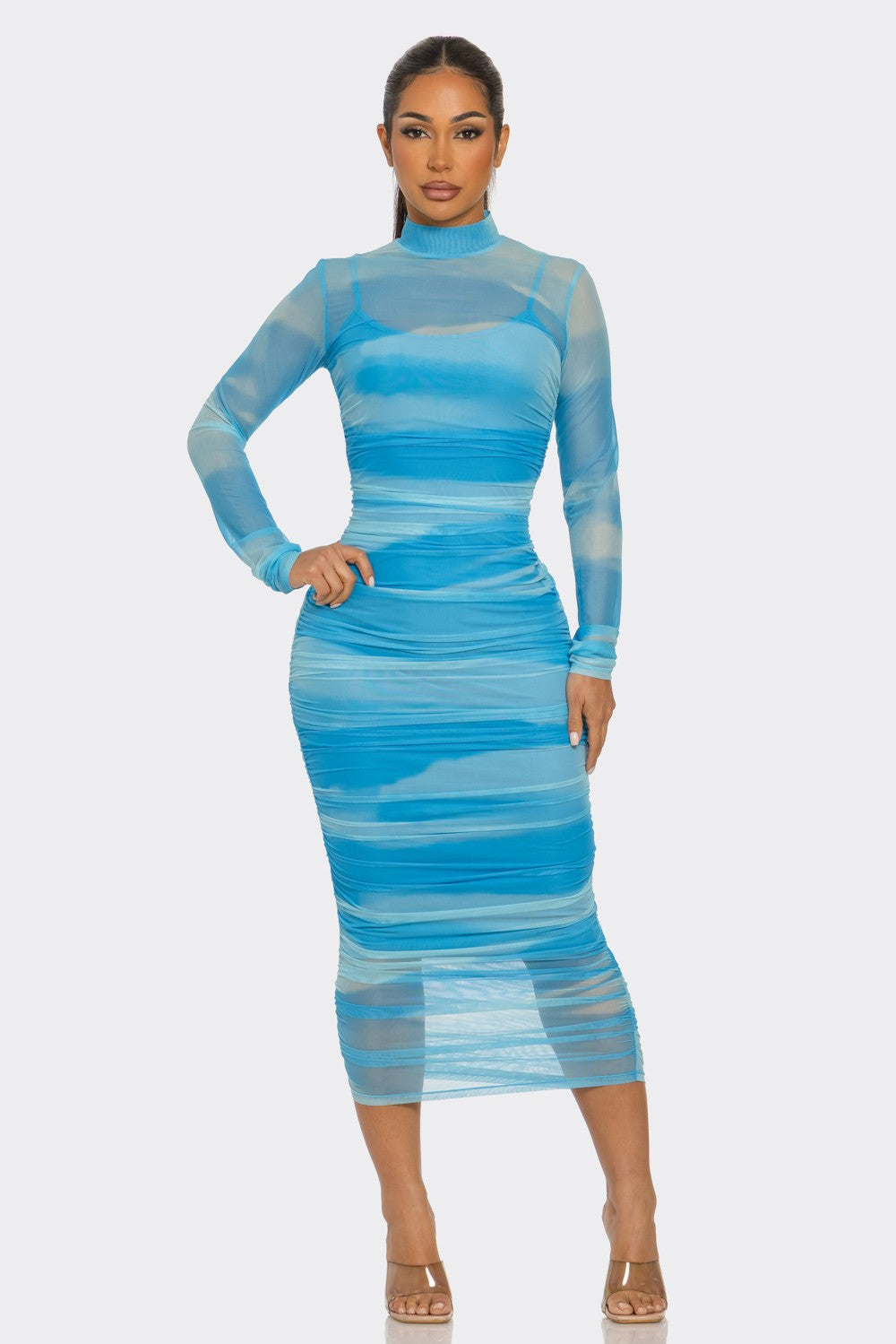Glitch Print Mesh Ruched Midi Dress- Blue