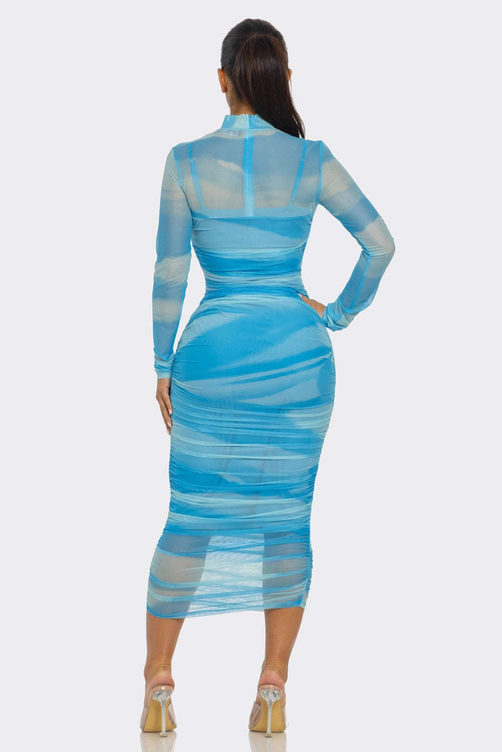 Glitch Print Mesh Ruched Midi Dress- Blue