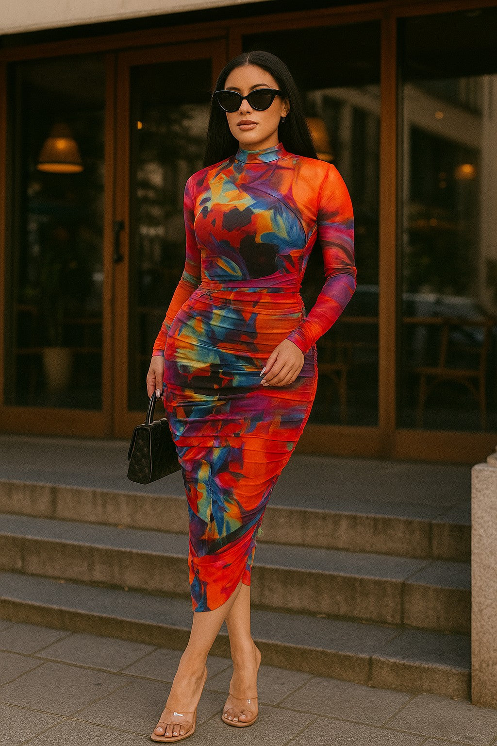 Kaleidoscope Print Mesh Ruched Midi Dress