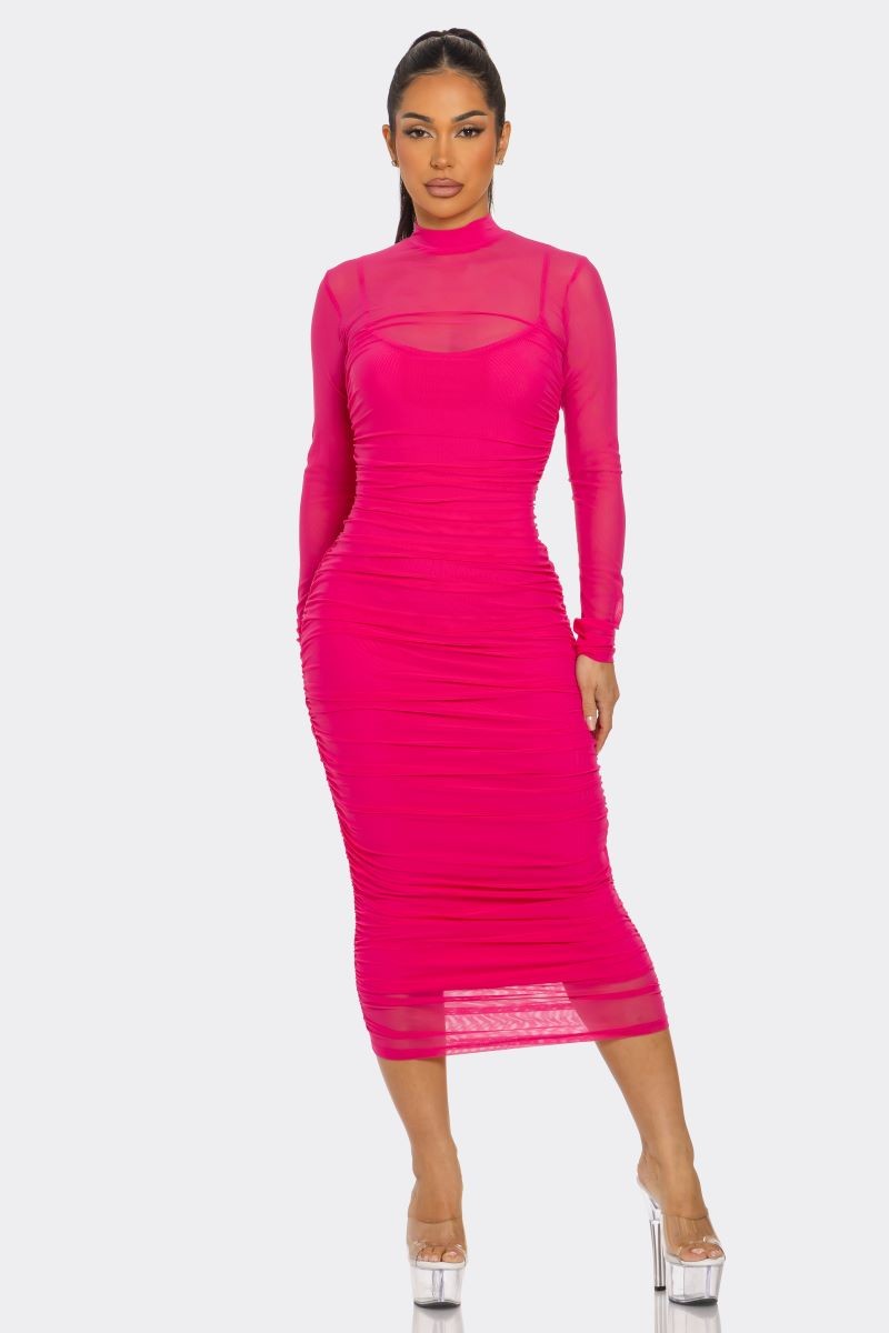 Solid Mesh Ruched Midi Dress- Multiple Colors