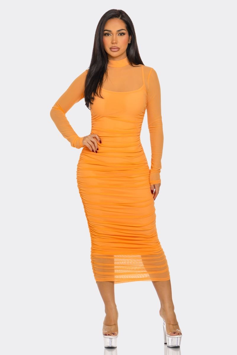 Solid Mesh Ruched Midi Dress- Multiple Colors