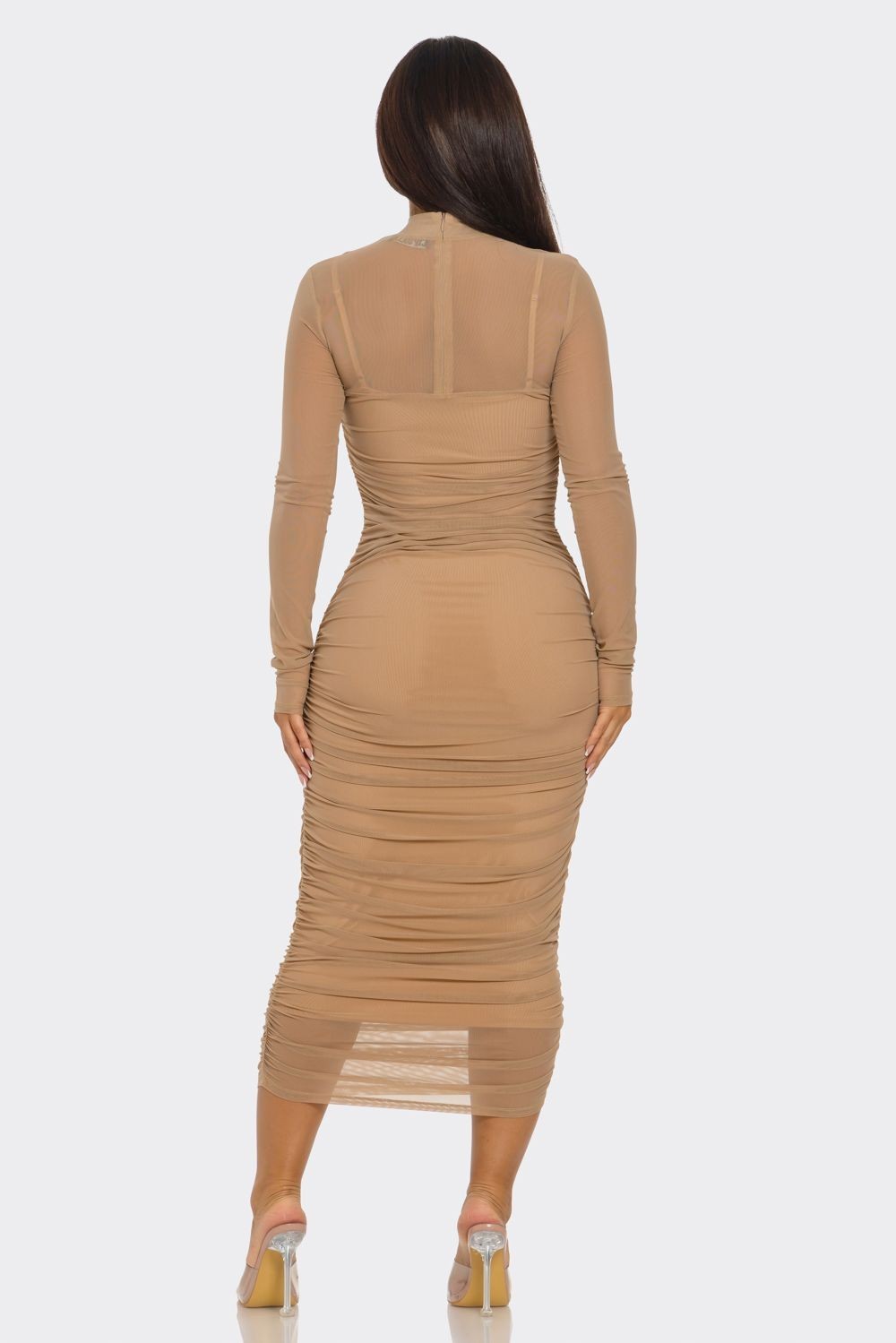 Solid Mesh Ruched Midi Dress- Multiple Colors
