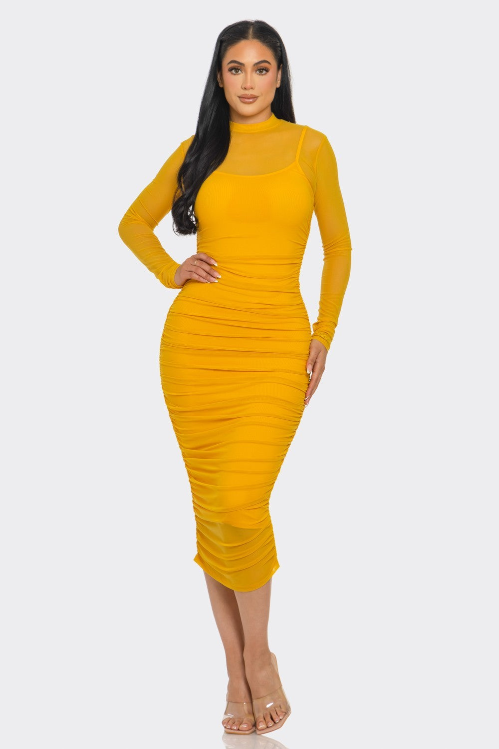 Solid Mesh Ruched Midi Dress- Multiple Colors