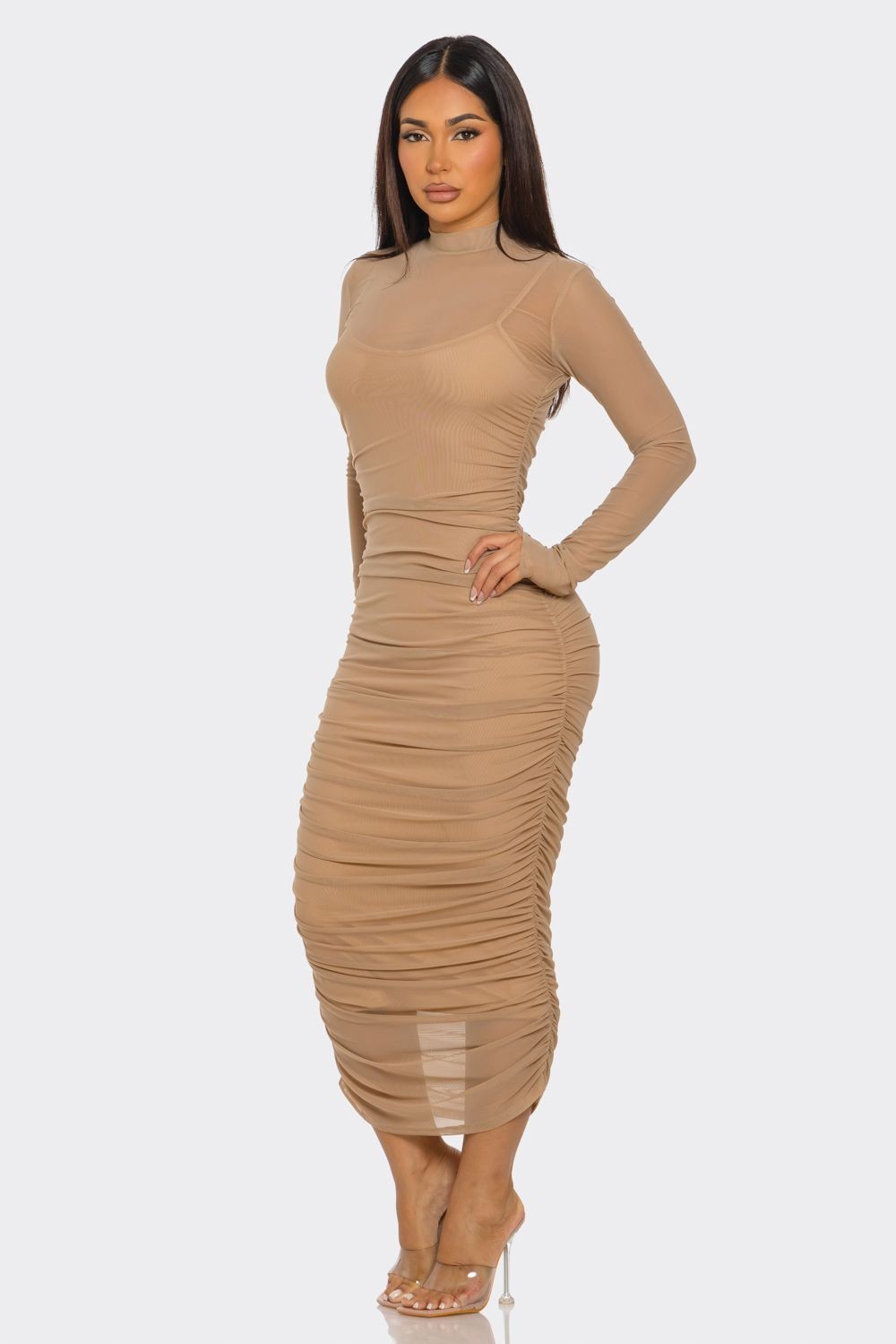 Solid Mesh Ruched Midi Dress- Multiple Colors