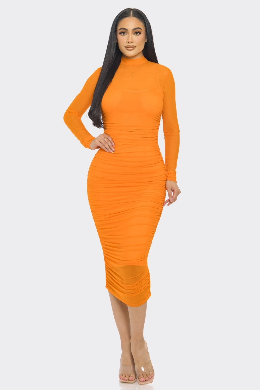 Solid Mesh Ruched Midi Dress- Multiple Colors