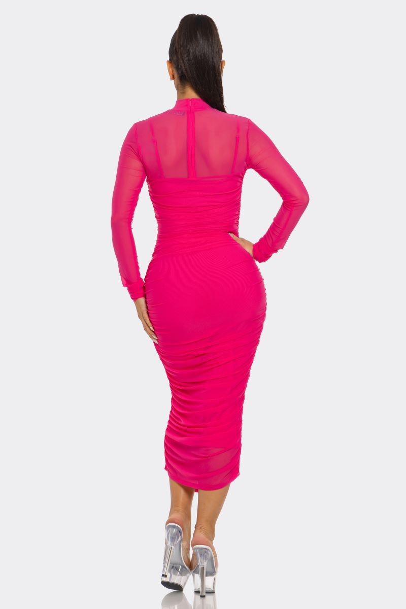 Solid Mesh Ruched Midi Dress- Multiple Colors