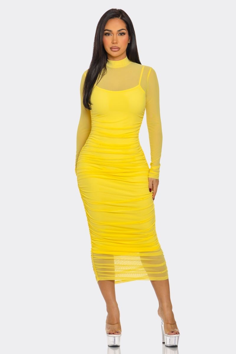 Solid Mesh Ruched Midi Dress- Multiple Colors