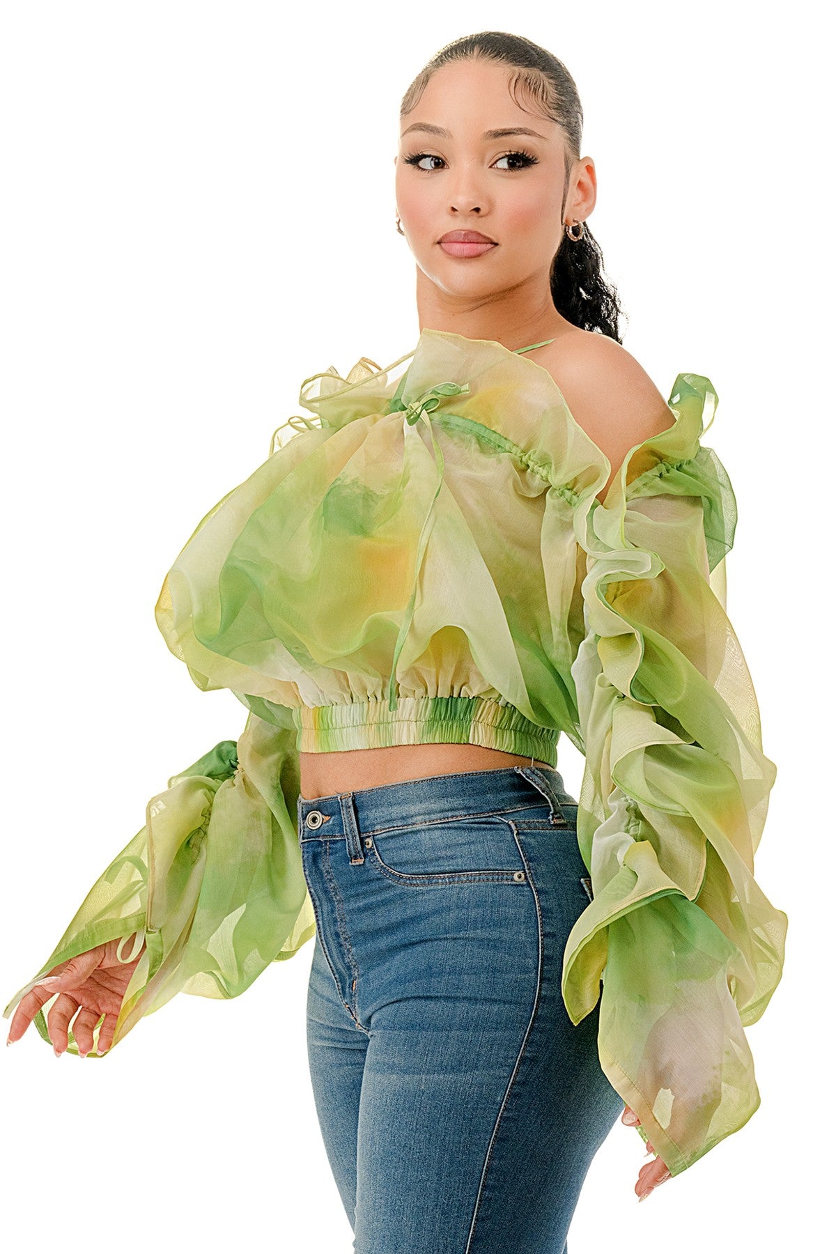 Plus Size Off The Shoulder Long Sleeve Ruffle Sheer Top- Green or Pink