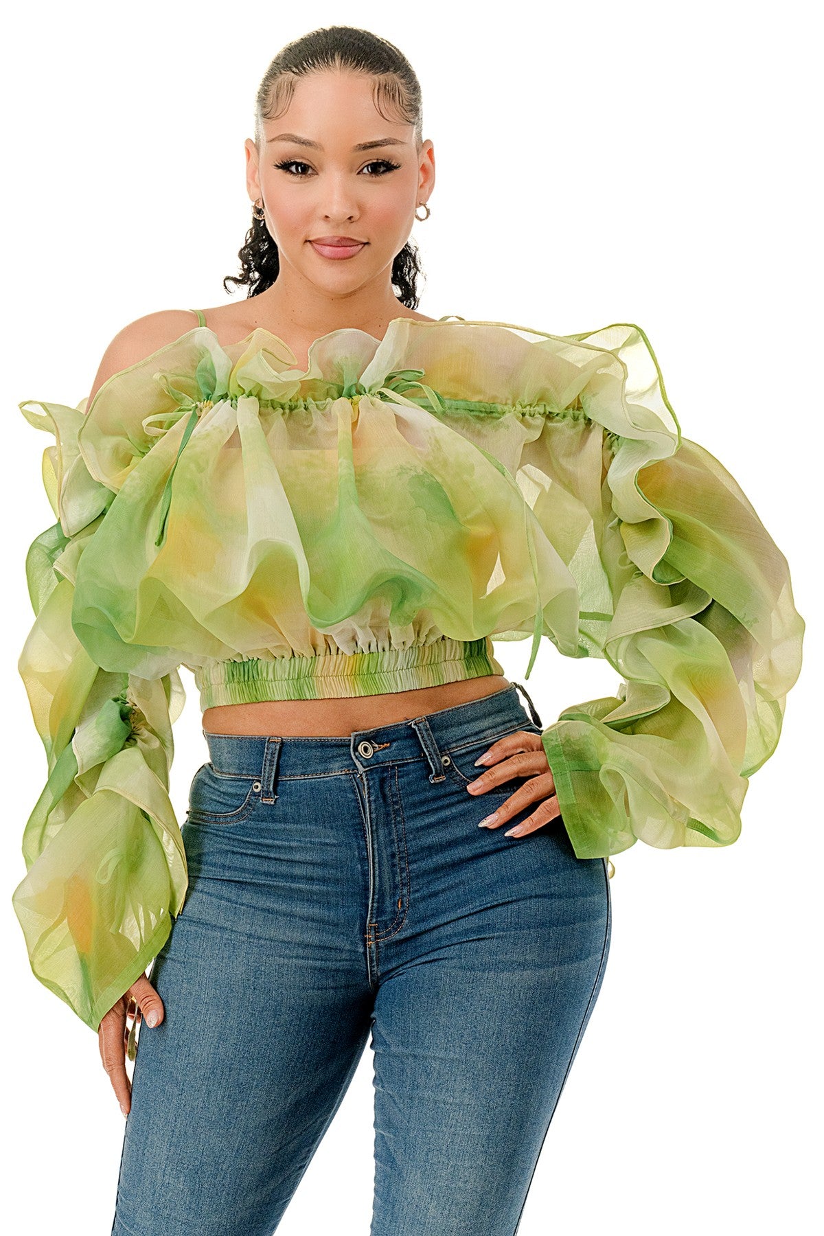Plus Size Off The Shoulder Long Sleeve Ruffle Sheer Top- Green or Pink
