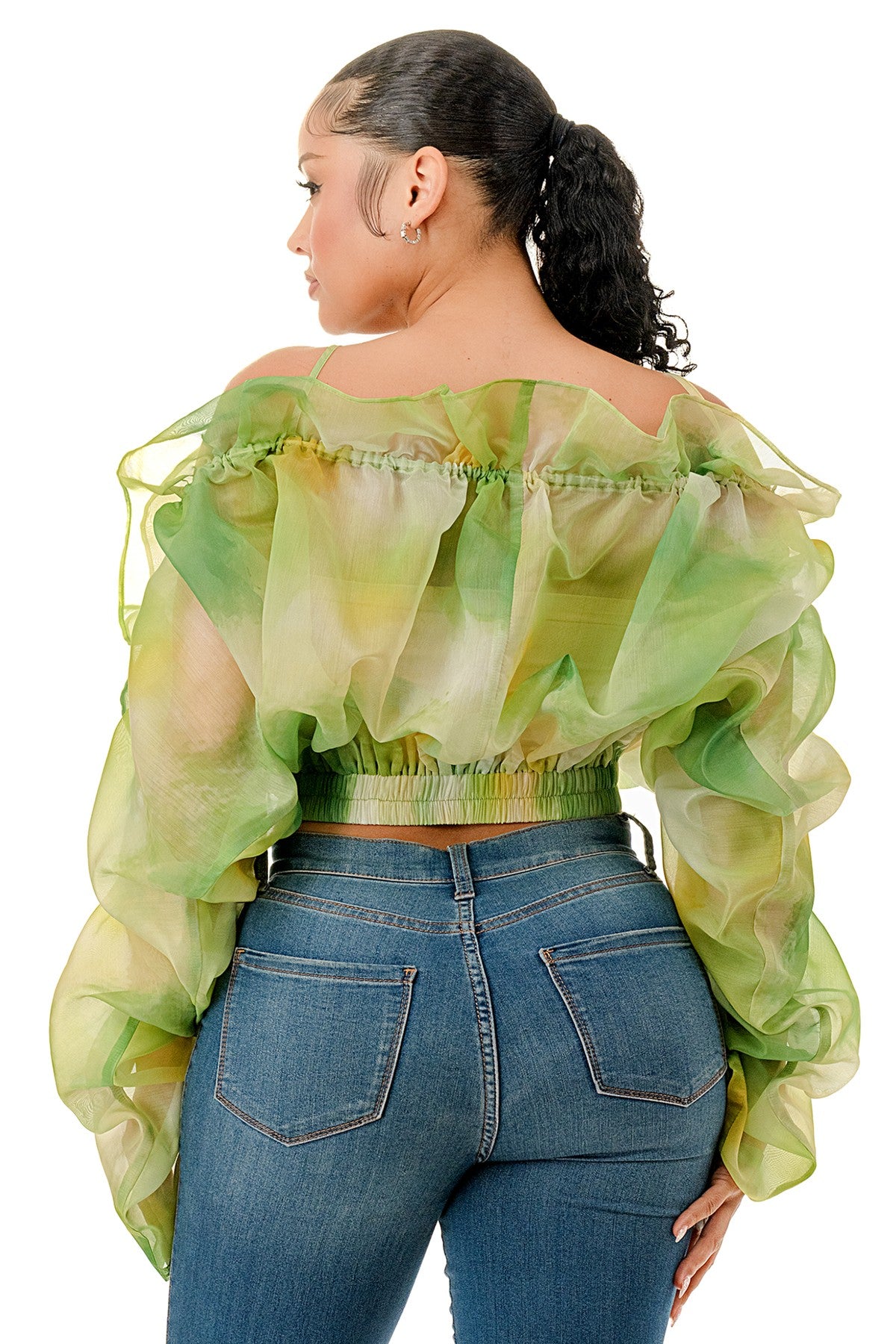 Plus Size Off The Shoulder Long Sleeve Ruffle Sheer Top- Green or Pink