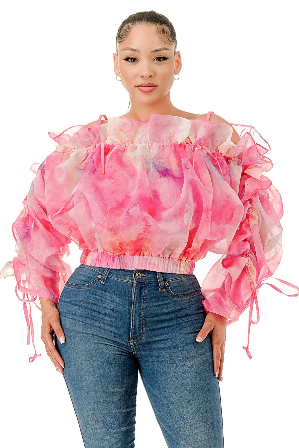 Plus Size Off The Shoulder Long Sleeve Ruffle Sheer Top- Green or Pink