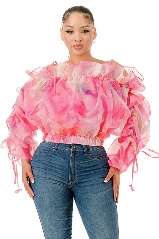 Plus Size Off The Shoulder Long Sleeve Ruffle Sheer Top- Green or Pink