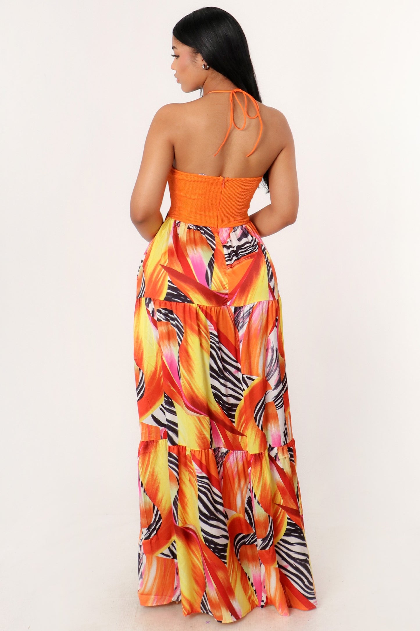 Floral Animal Printed Halter Maxi Dress- Orange