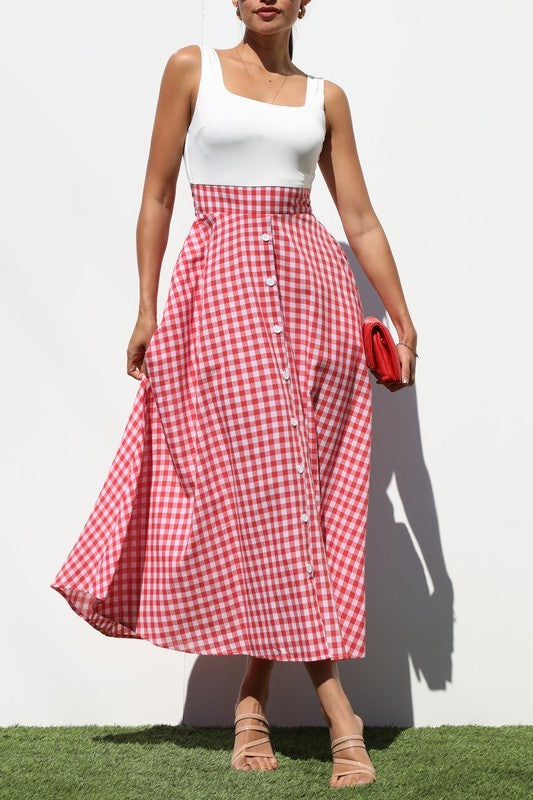 Vintage Look White & Plaid Flare Midi Dress- Red or Blue