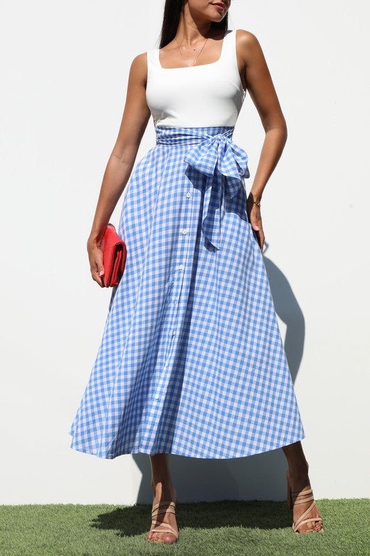 Vintage Look White & Plaid Flare Midi Dress- Red or Blue