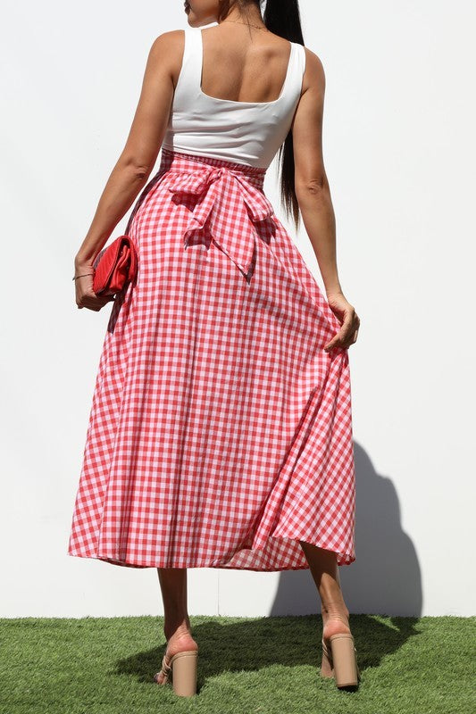 Vintage Look White & Plaid Flare Midi Dress- Red or Blue