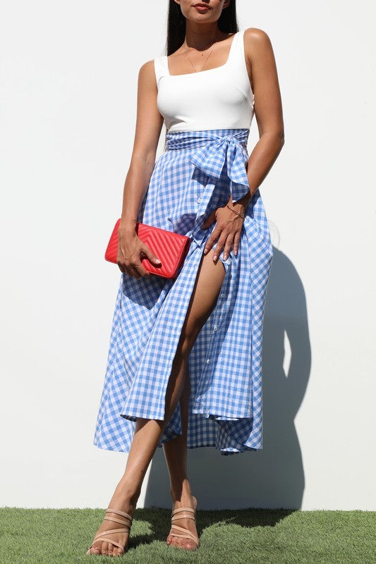 Vintage Look White & Plaid Flare Midi Dress- Red or Blue