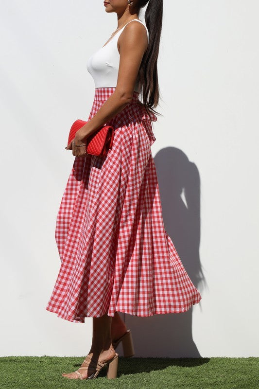 Vintage Look White & Plaid Flare Midi Dress- Red or Blue