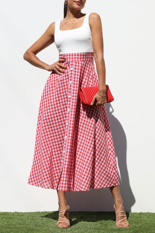 Vintage Look White & Plaid Flare Midi Dress- Red or Blue