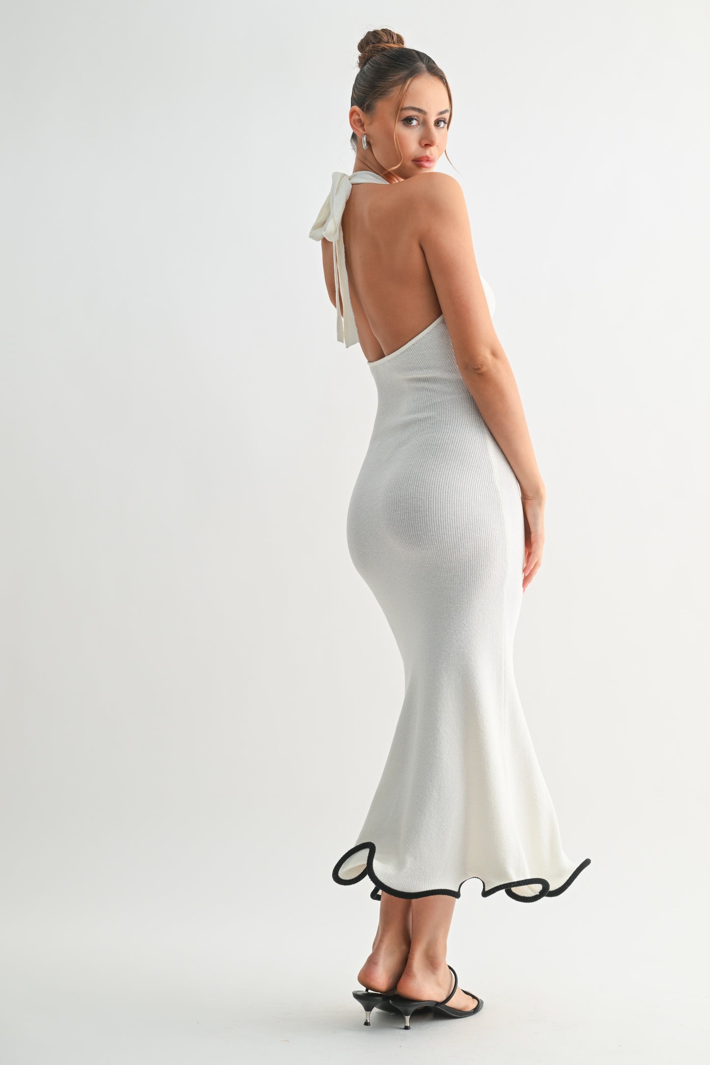 Black Bottom Trimmed White Halter Dress