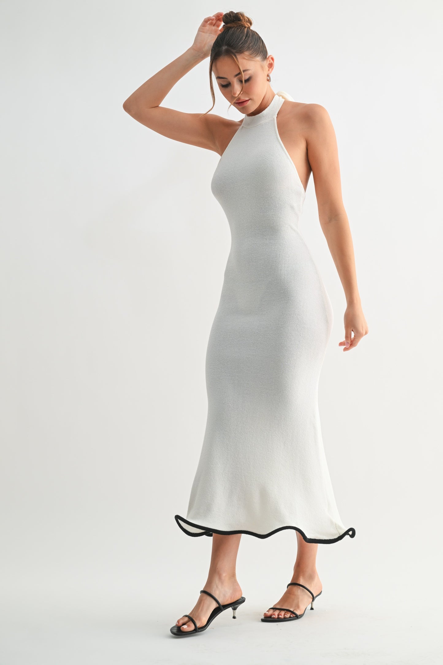 Black Bottom Trimmed White Halter Dress