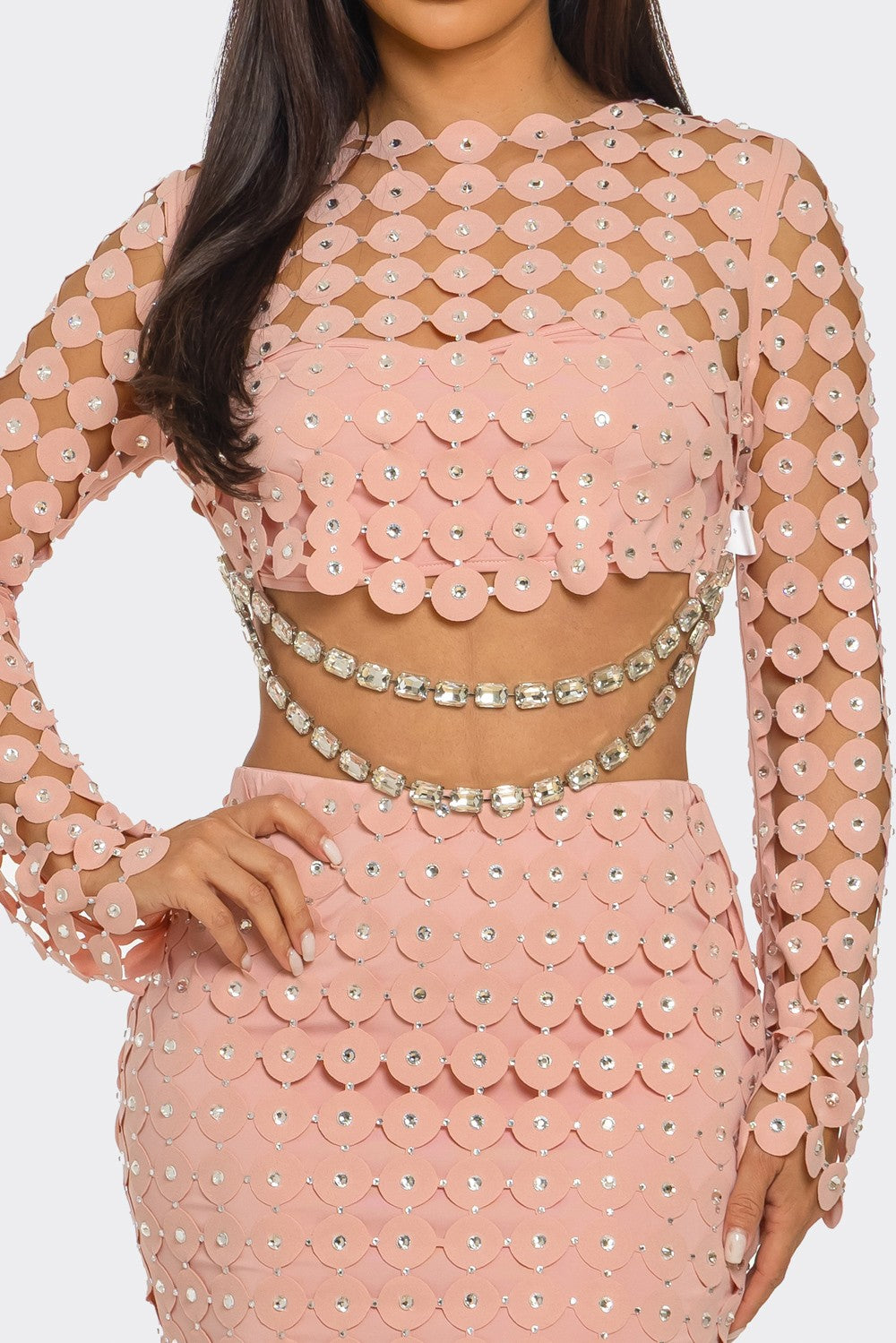 2-Piece Rhinestone Hollow & Casual Skirt Set- Pink