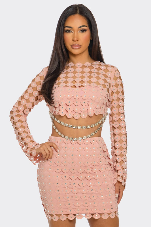 2-Piece Rhinestone Hollow & Casual Skirt Set- Pink
