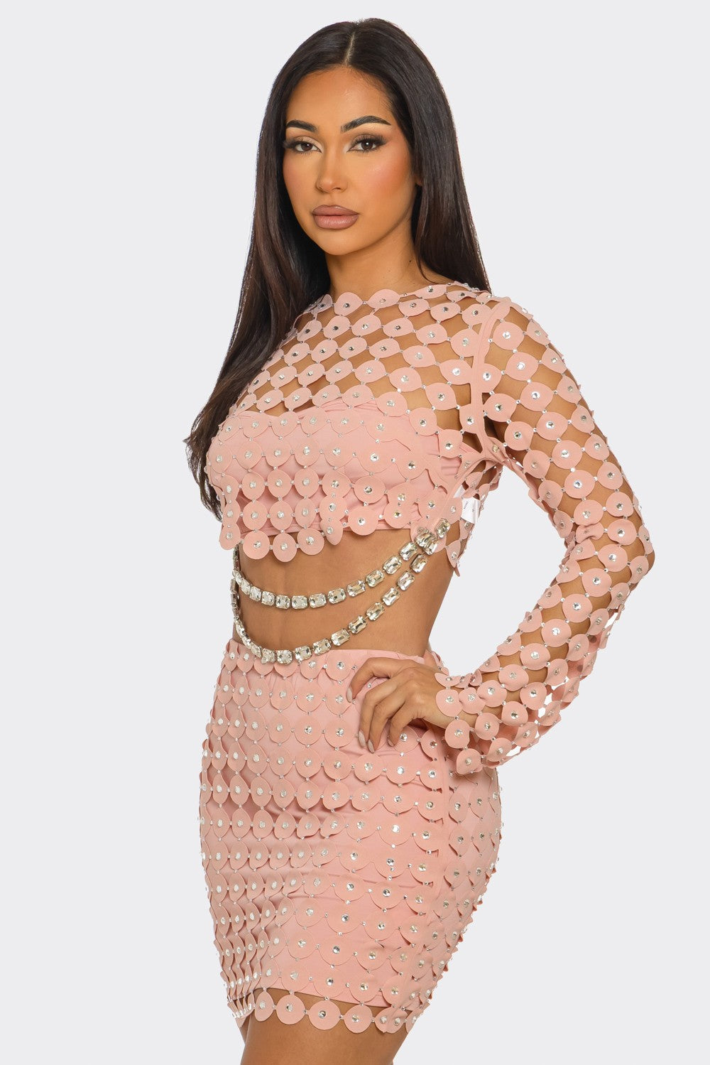 2-Piece Rhinestone Hollow & Casual Skirt Set- Pink
