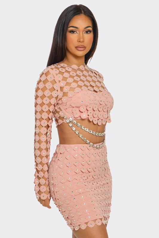 2-Piece Rhinestone Hollow & Casual Skirt Set- Pink