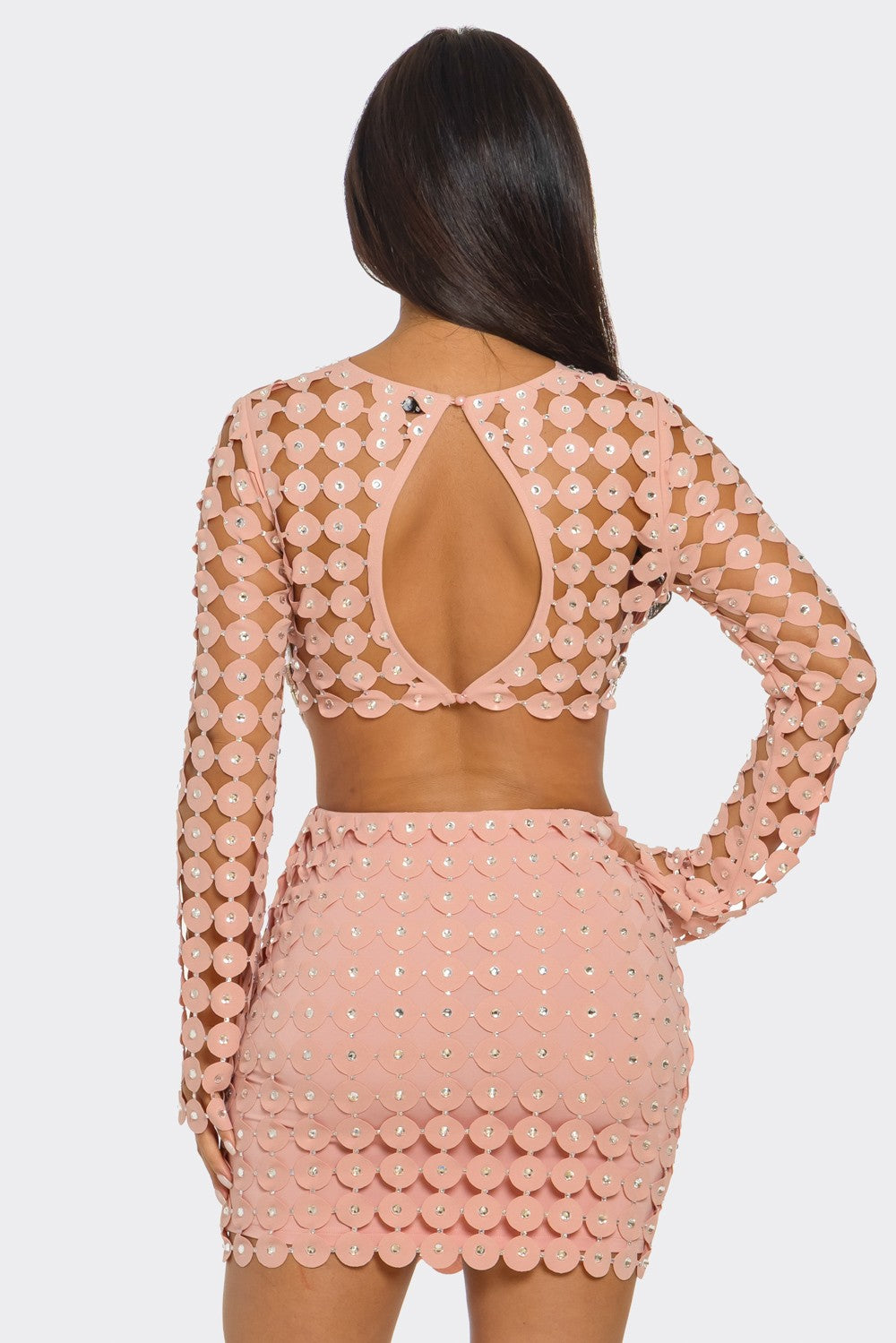2-Piece Rhinestone Hollow & Casual Skirt Set- Pink