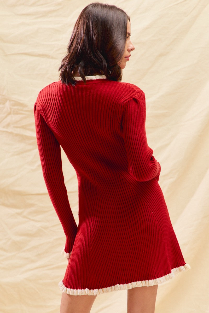 Contrast Edge Rib Flared Mini Sweater Dress- Red (PRE-ORDER)